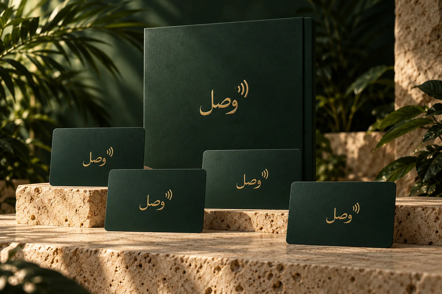 تصوّر لمجموعة بطاقات وصل بهوية خضراء وذهبية متناسقة